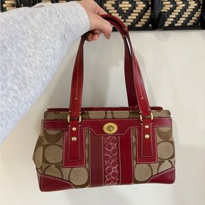 Coach Vintage Y2K Hamptons Signature Striped Carryall - Tan/Maroon Red